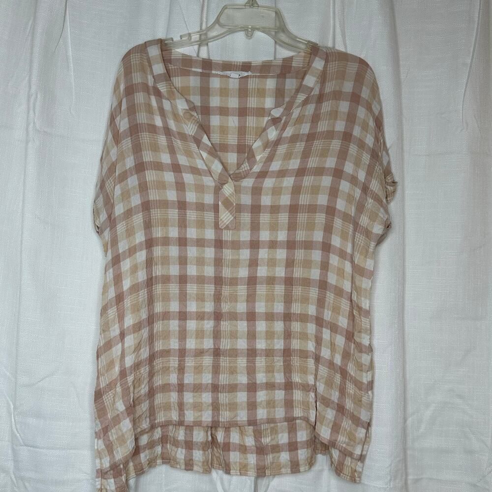 JANE & DELANCEY • Women’s Neutral Relaxed Fit Plaid Popover Blouse• Large